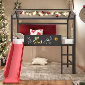 VANTOUL Elegant Twin Size Metal Loft House Bed With Slide & Two-sided writable Wooden Board, Solid & Sturdy, Open Design Concept, Red Twin