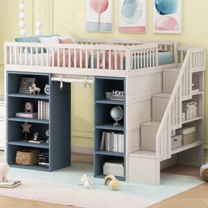 VANTOUL Elegant Full Size Loft Bed Wooden Kids Bed with 2 Four-layer Storage Cabinets,Ladder,Guardrails and Curtain Full