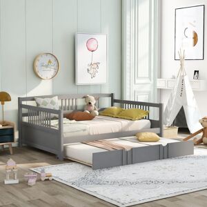 iveryfurniture Full Size Wooden Daybed Frame with Twin Trundle and Rails, Solid Pine Wood Bed Convertible Lounge Sleeper Sofa Bed Full