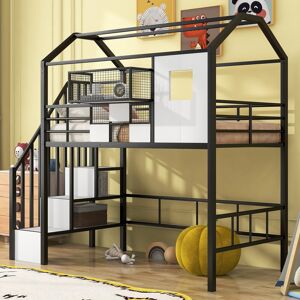 SERNADECORINC Twin Loft Kids Bed with Roof Design, Sturdy Frame & Storage Box for Kids, Integrated Ladder & Full-Length Guardrails, Black Twin