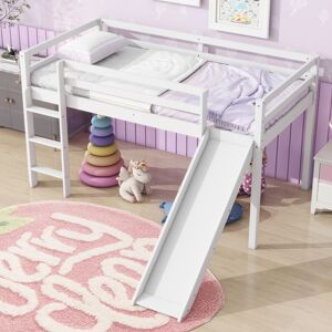 iveryfurniture Twin Size Low Loft Bed with Slide, Ladder, Safety Guardrails, and Underbed Play and Storage Space for Boys Girls Twin