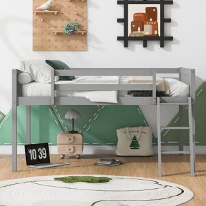 GREATPLANINC Wood Low Loft Bed Frame with Convertible Ladder,Under Bed Play Space Full