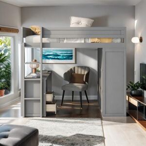 VANTOUL Elegant Wood Full Size Loft Bed with Wardrobes and 2-Drawer Desk with Cabinet, Sturdy Construction & Safety Guaranteed, Gray Full