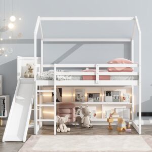 Pammeliinc White House-shaped Loft Bed Frame with Slide, Ladder and Side Stand, Loft Twin Bed with Light, Wall Frame Shelves Underneath Twin