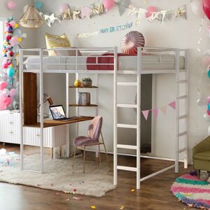 VANTOUL Industrial Modern Full Metal Loft Bed with 2 Shelves, 2 built-in ladders and Desk, Sturdy Construction & Safety Guaranteed Full
