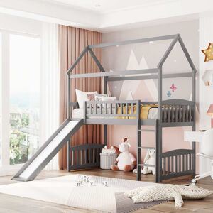 Calnod Twin Size Loft Bed with Slide & Ladder, House Shaped Bunk Bed with Vintage Safety Rail, Available in 3 Colors Twin