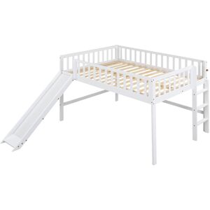 GREATPLANINC Low Loft Bed Full Size with Ladder and Slide, Solid Wood Full Loft Bed Frame with Full-Length Guardrail for Kids, Boys, Girls Full