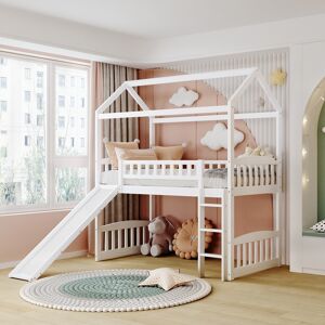 TOSWIN Modern Roof Frame Design Twin Size Solid Pine Wood Loft Bed with Full Length Guardrail, Built-in Ladder and Slide Twin