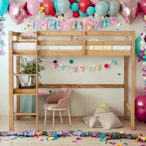 VANTOUL Twin High Rubber Wood Loft Bed with Safety Guardrail,Built-in desk,Ladder Twin