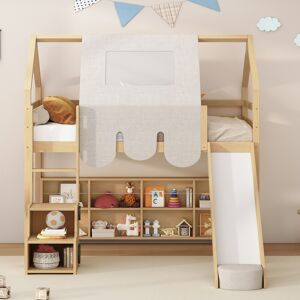 Encantador Wooden House-Shaped Loft Bed w/ Slide, Ladder & Storage Shelves, Play House Bed Frame w/ Softy Padding & Car-Shaped Storage Unit Twin