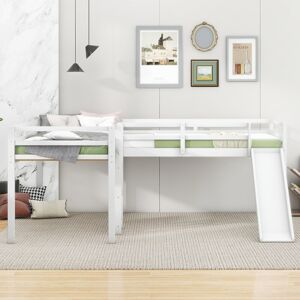 Pammeliinc White L-shaped Frame Twin Low Loft Bed with Ladder and Slide Twin