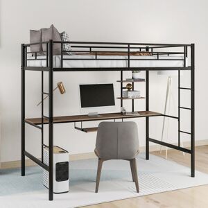 GREATPLANINC Twin/Full Size Metal Loft Bed w/Desk, Shelves & 2 Built-in Ladders, Sturdy Metal Twin/Full Bedframe w/Safety Guardrails for Kids Twin