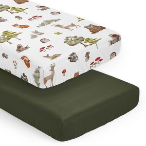 Sweet Jojo Designs Woodland Forest Animals Boy Girl Gender Neutral 2 Pack Fitted Crib Sheets Solid Dark Green and Animal Friends 52.0 In. L X 28.0 In. W X 8.0 In. H