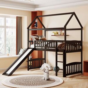 Calnod Twin Size Loft Bed with Slide & Ladder, House Shaped Bunk Bed with Vintage Safety Rail, Available in 3 Colors Twin