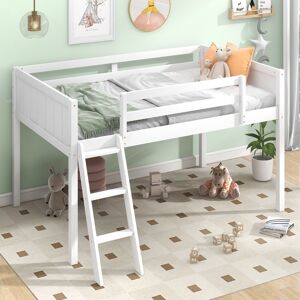 VANTOUL Modern Twin Size Wooden Low Loft Kids Bed with Convertible Ladder,Guardrails and Sturdy Wood Frame Twin