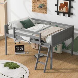 Devali Blue Gray Full Size Low Solid Wood Loft Bed with Ladder and Safety Fence for Children Full