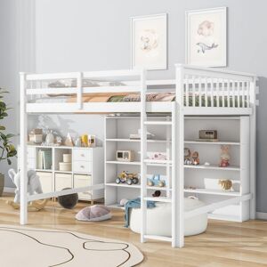 VANTOUL Multifunctional Design Wood Loft Bed with 8 Open Storage Shelves and Built-in Ladder, Solid Construction Full