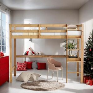 VANTOUL Elegant Twin High Loft Bed, Rubber Wood Loft Bed with Safety Guardrail, Built-in Desk, Ladde Twin