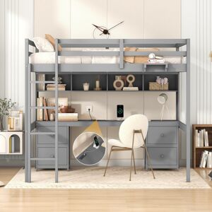 EDWINRAY Full Size Loft Bed with Desk, Cabinets, Drawers and Bedside Tray, Charging Station, Grey Full