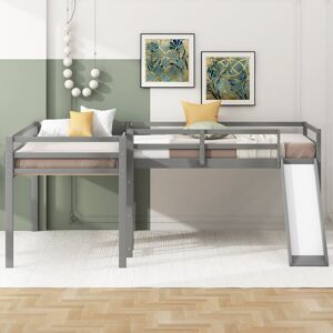 Pammeliinc Twin Size Loft Bed with Ladder and Slide, L-shaped Frame Bed Low Loft Wood Bed with Play Space Underneath for Kids Twin