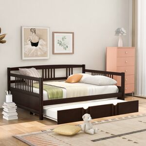 iveryfurniture Full Size Wooden Daybed Frame with Twin Trundle and Rails, Solid Pine Wood Bed Convertible Lounge Sleeper Sofa Bed Full