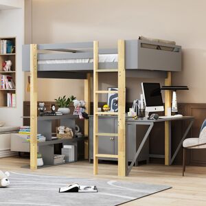 VANTOUL Full Size Stylish Design Wood Loft Bed With Built-in Storage Cabinet and Cubes,Foldable desk,Modern Design,gray Full