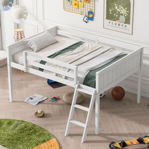 Encantador Full Size Low Loft Bed with Convertible Ladder, Wood Loft Bed Frame with Safety Guardrails for Kids Girls Boys Full