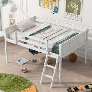 Devali Blue Full Size Low Solid Wood Loft Bed with Ladder and Safety Fence for Children Full