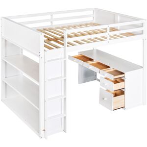 GREATPLANINC Sturdy Full Size Loft Bed with 4 Step Ladder, Pinewood Student Bed All-in-One Desk and Shelf for Kids Teens Boys & Girls, White Full