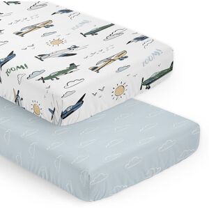 Sweet Jojo Designs Vintage Airplane Boy 2 Pack Fitted Crib Sheets Blue Clouds Sky and Green Blue Yellow Airplanes Transportation 52.0 In. L X 28.0 In. W X 8.0 In. H