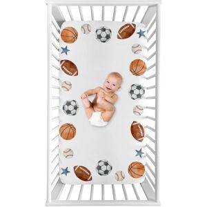 Sweet Jojo Designs Sports Theme Boy Photo Op Fitted Crib Sheet Watercolor Soccer Balls Football Baseball Basketball Blue Stars 52.0 In. L X 28.0 In. W X 8.0 In. H