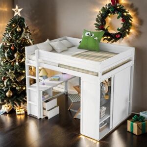 VANTOUL Elegant Wood Full Size Loft Bed with Wardrobes and 2-Drawer Desk with Cabinet, Sturdy Construction & Safety Guaranteed, Gray Full