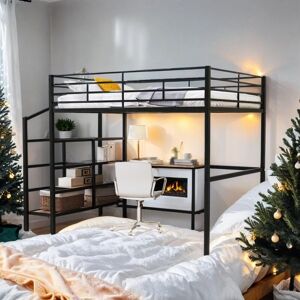 VANTOUL Industrial Modern Full Size Metal Loft Bed with Desk and Lateral Storage Ladder, Sturdy Construction & Safety Guaranteed, White Full