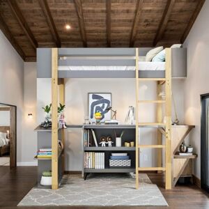 VANTOUL Stylish & Simple Twin Size Wood Loft Bed With Built-in Storage Cabinet and Cubes, Foldable desk, Sturdy Construction, Grey Twin