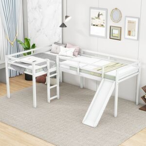 coffas Twin L-Shaped Loft Bed with Slide and Ladder, Space-Saving Corner Design Twin