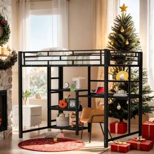 VANTOUL Full Size Loft Bed with Desk, Whiteboard, 3 Shelves and Ladder, Espresso Full