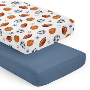 Sweet Jojo Designs Sports Theme Boy 2 Pack Fitted Crib Sheets Solid Blue and Watercolor Soccer Ball Football Baseball Basketball 52.0 In. L X 28.0 In. W X 8.0 In. H