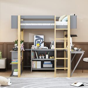 EDWINRAY Full Size Wood Loft Bed with Built-in Storage Cabinet and Cubes, Foldable Desk Full