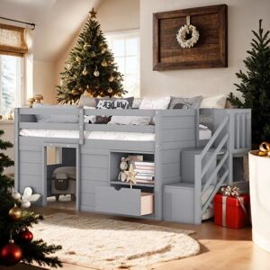 VANTOUL Modern & Clean Design Twin Size Kid Low Loft Bed With Shelves, Ladder and Drawers, Superior Quality, Maximized Space Twin