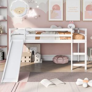 iveryfurniture Twin Size Platform Bed Loft Bed with Ladder, Slide and Guardrails Twin