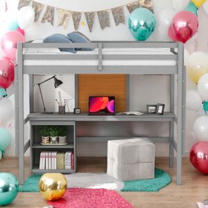 VANTOUL Impression Twin size Loft Bed with Desk, Writing Board and 2 Drawers Cabinet, Sturdy construction & Unique design, White Twin