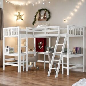 VANTOUL Contemporary Wood Twin Size L-Shaped Loft Bed with Ladder and 2 Built-in L-Shaped Desks, 2 Beds in 1, Solid Construction, White Twin