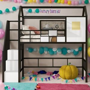 VANTOUL Twin Size Loft Bed with Roof and Storage Box,Metal Sturdy Structure Twin