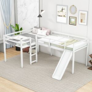 Toswin L-Shaped Twin Size Loft Bed with Ladder and Slide, White Twin