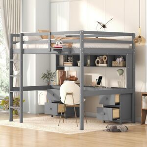 GREATPLANINC Full Size Wooden High Loft Bed with Desk,Cabinets,Drawers&Bedside Tray, Built-in Desk with 2 Standard Plug Outlets & 2 USB Ports Full