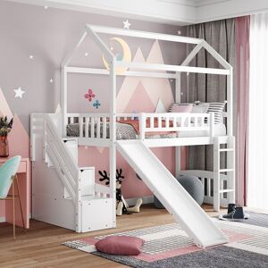 VANTOUL Modern and Playful Design Wood Loft Bed with Slide, Ladder, Storage Stairs and Roof, Twin size, White Twin