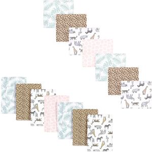 Hudson Baby Infant Girl Cotton Flannel Burp Cloths and Receiving Blankets, 14-Piece, Modern Pink Safari, One Size One Size
