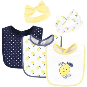 Hudson Baby Infant Girl Cotton Bib and Headband or Caps Set, Navy Lemon, One Size - Navy Lemon - One Size One Size