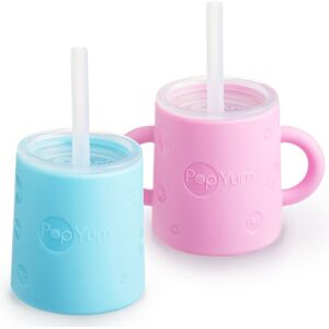PopYum Silicone Training Cup with Straw and Lid, 2-Pack 3.2 In. L X 2.75 In. W X 2.75 In. H