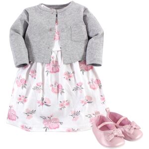 Hudson Baby Infant Girl Cotton Dress, Cardigan and Shoe 3pc Set, Pink Gray Floral 3-6 Months